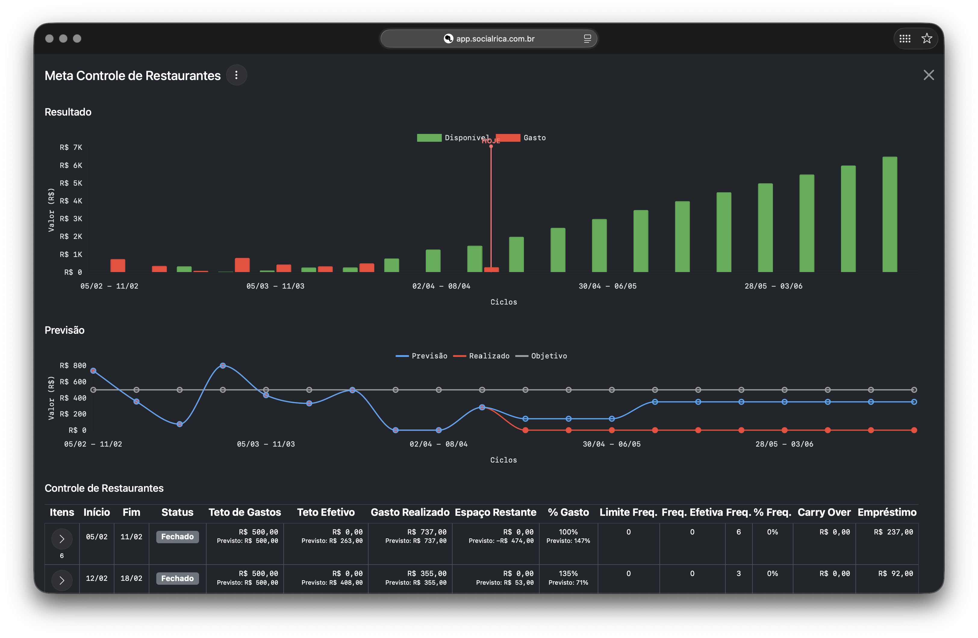 Rica — ciclos de meta com gráficos de resultado e previsão