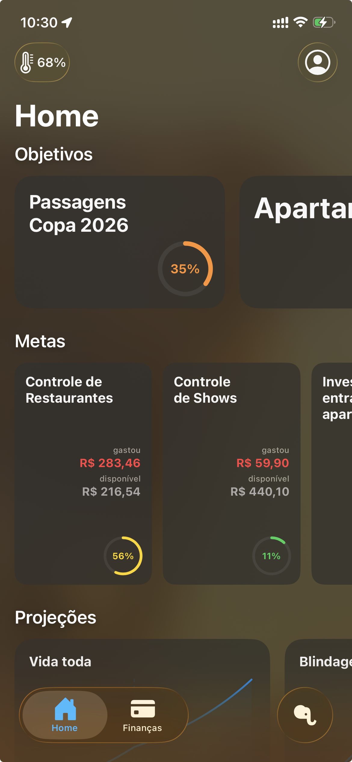 App Rica para iOS — home com objetivos, metas e temperatura