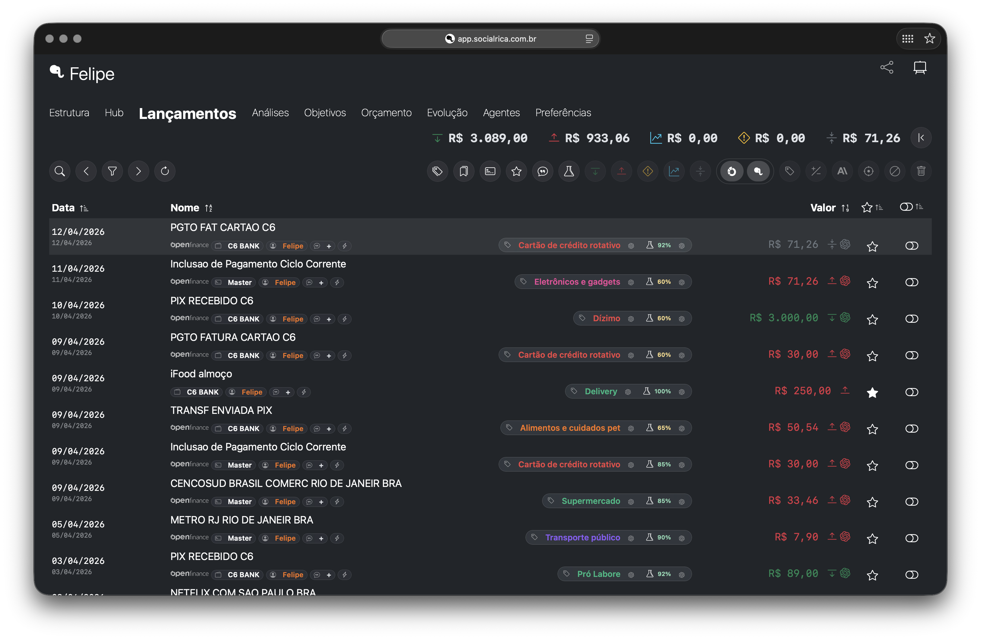 Rica — lançamentos categorizados automaticamente