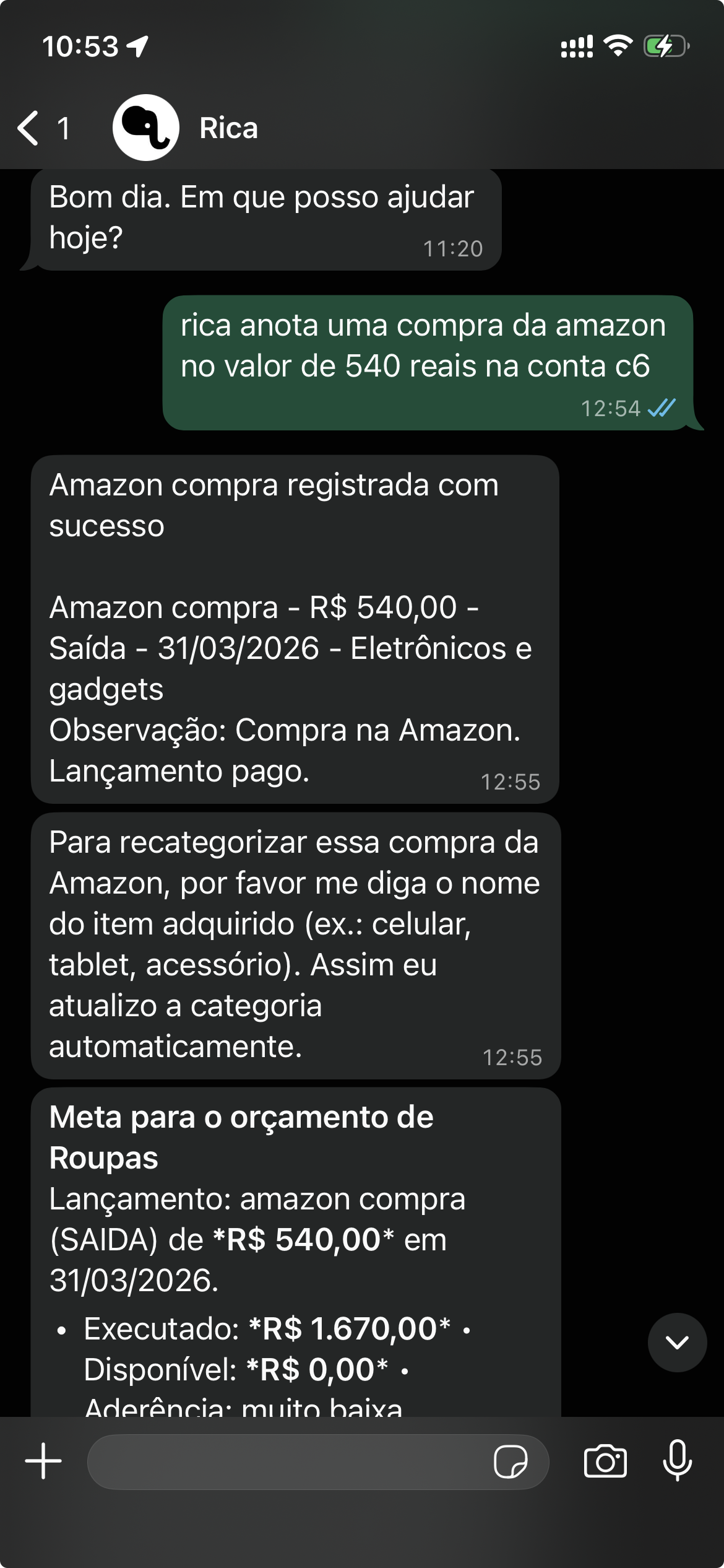 Rica no WhatsApp — registro de gasto por linguagem natural com categorização e aderência